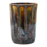 Vase grès vernissé à coulures, vase signé vintage, pot à fleurs