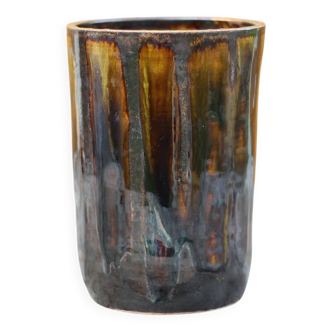 Vase grès vernissé à coulures, vase signé vintage, pot à fleurs
