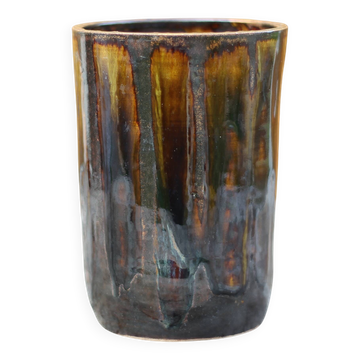 Glazed stoneware vase with drips, vintage signed vase, flower pot