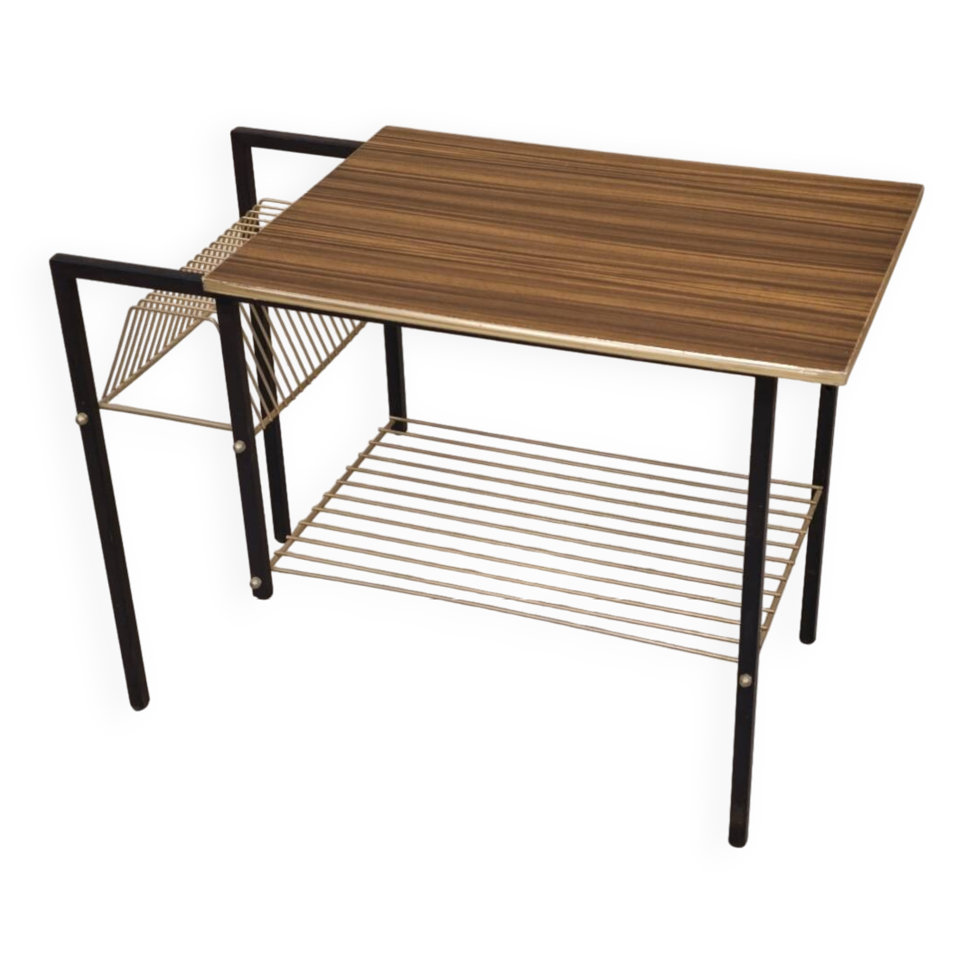 Vintage vinyl serving trolley in wood and gold metal