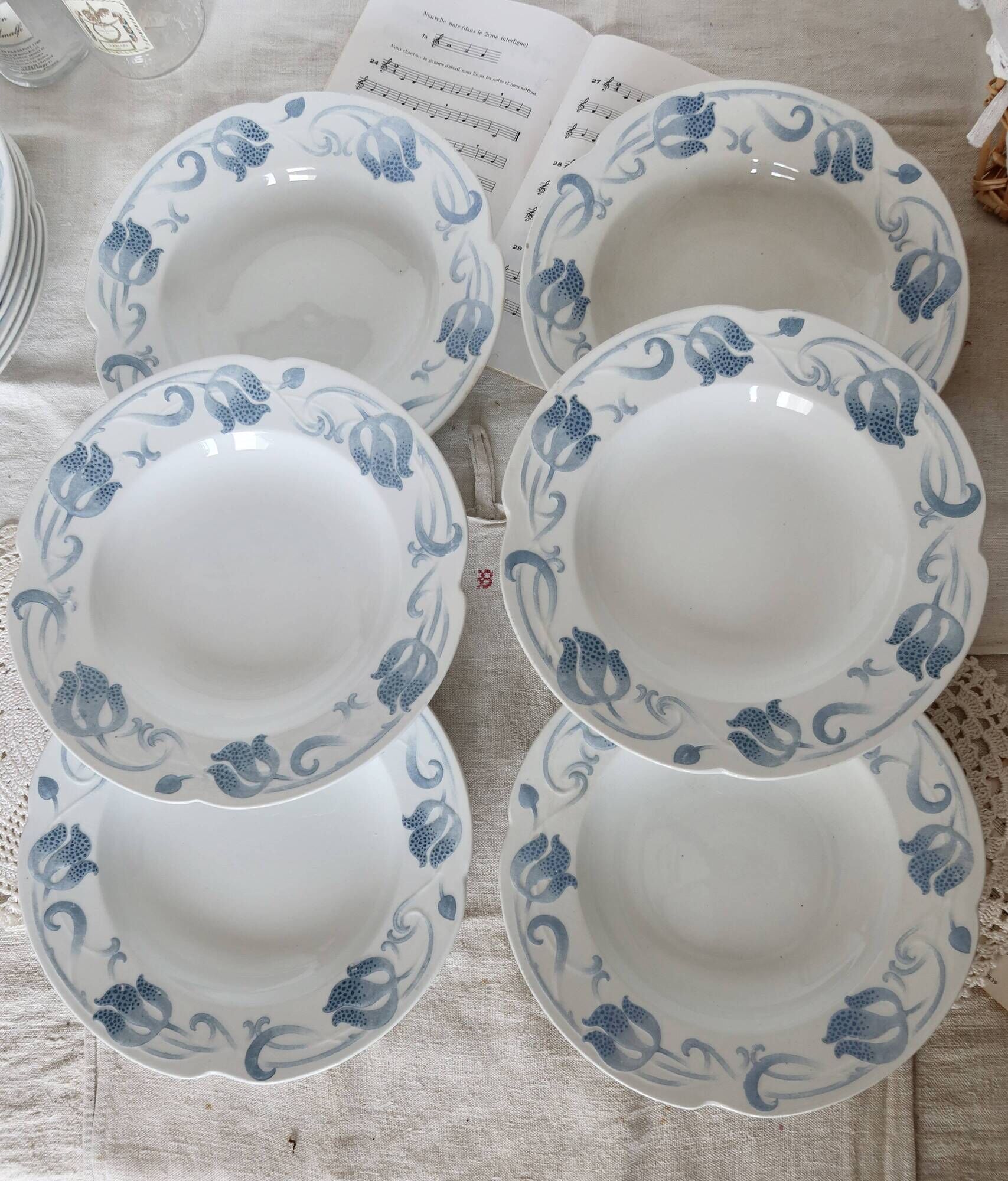 6 soup plates - Tircis model - Antique 82-piece Sarreguemines earthenware dinnerware set