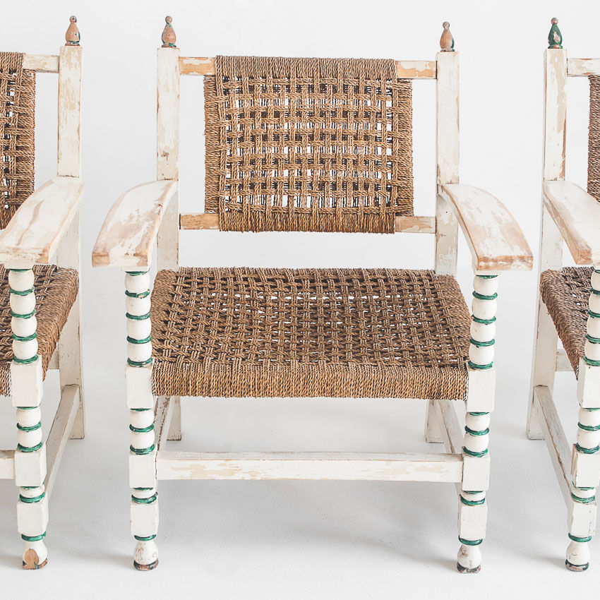 Set of vintage wooden and woven rope armchairs with a matching table. Spain, 1960s.