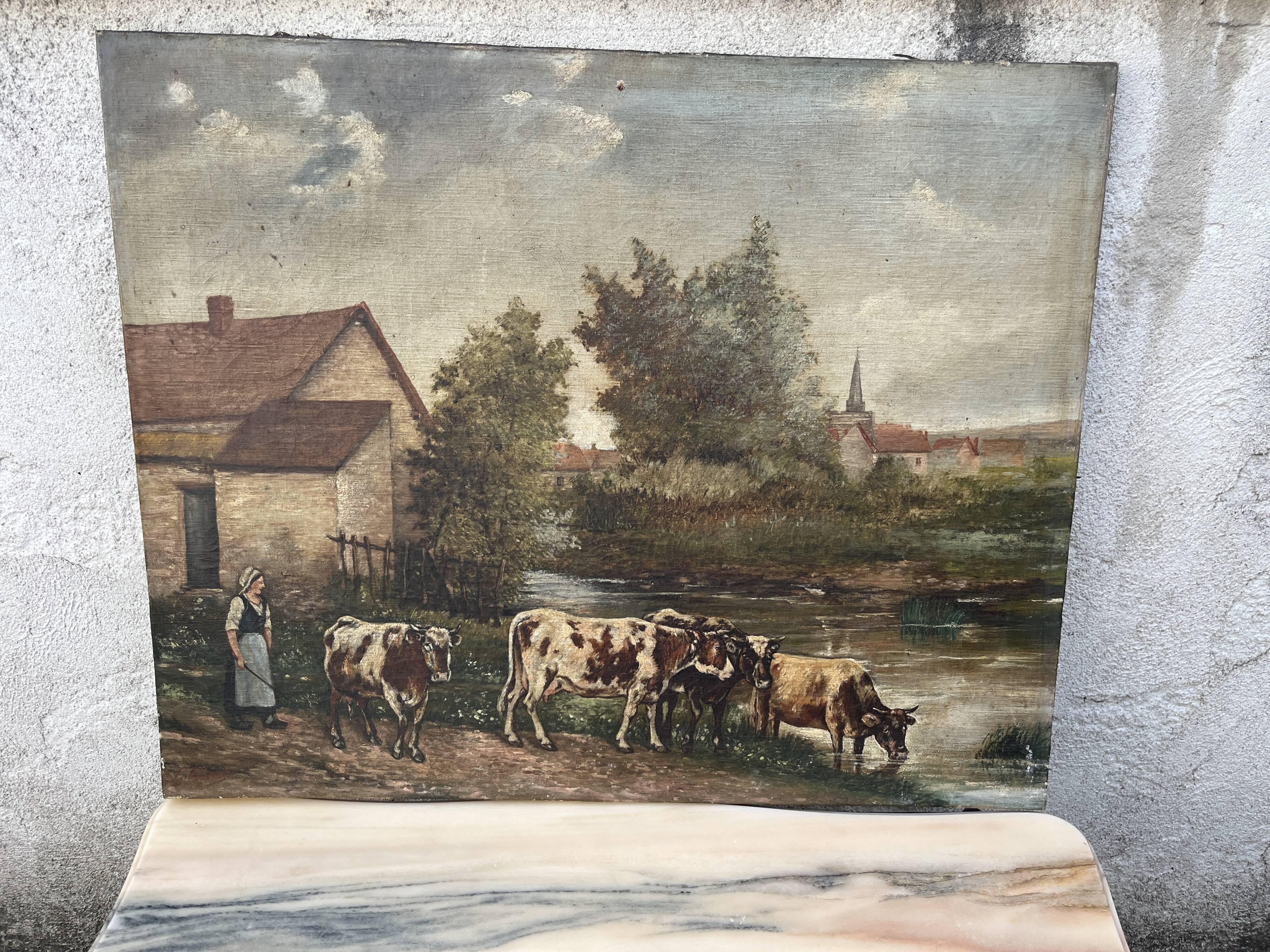 Old painting signed G. Thomas ? Cows at the watering place » (1906)