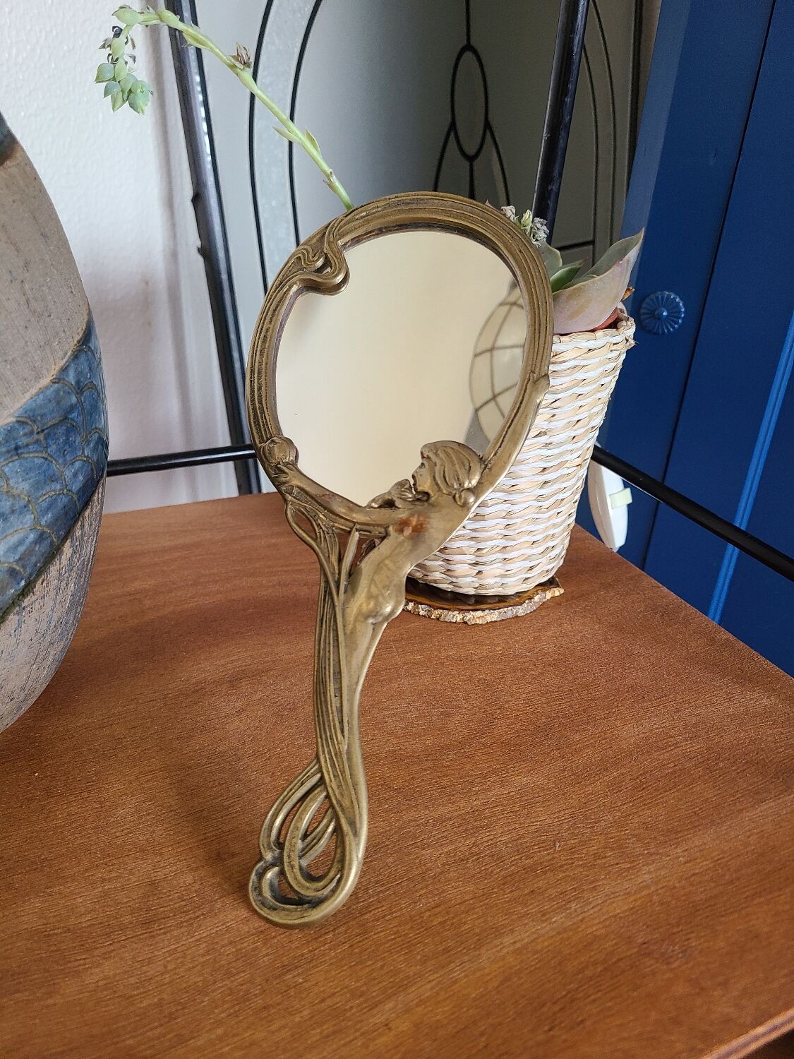 Old bronze mirror by hand, art deco woman's nude