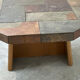 Large vintage slate mosaic coffee table, oak pedestal base, brutalist octagonal