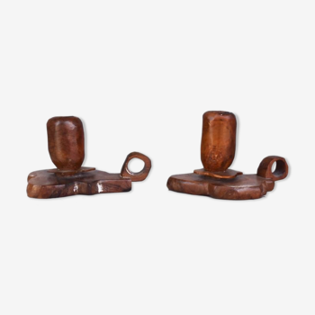 Pair of brutalist olive candlesticks