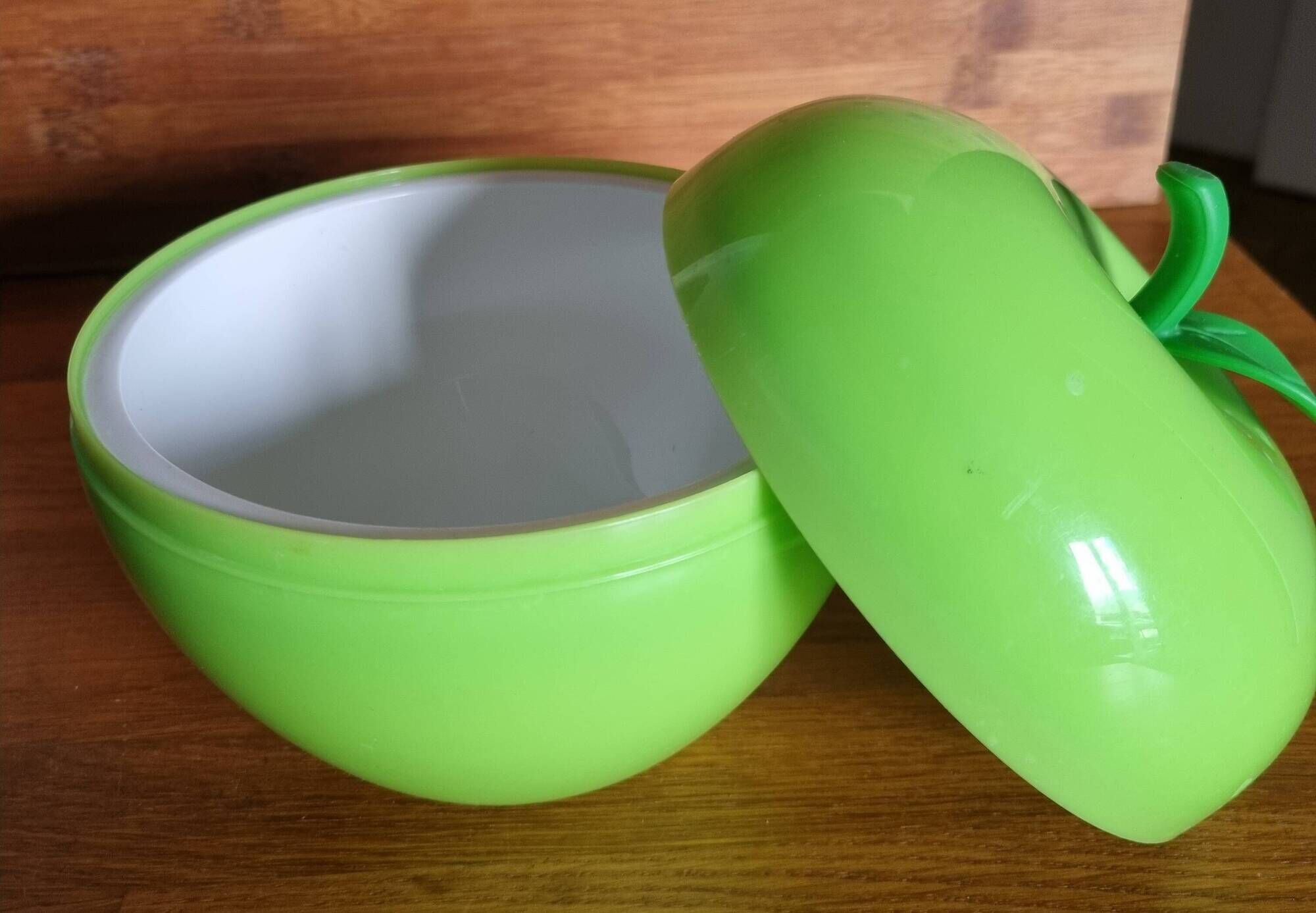 Thermal ice bucket in the shape of a green apple, 1970s style.