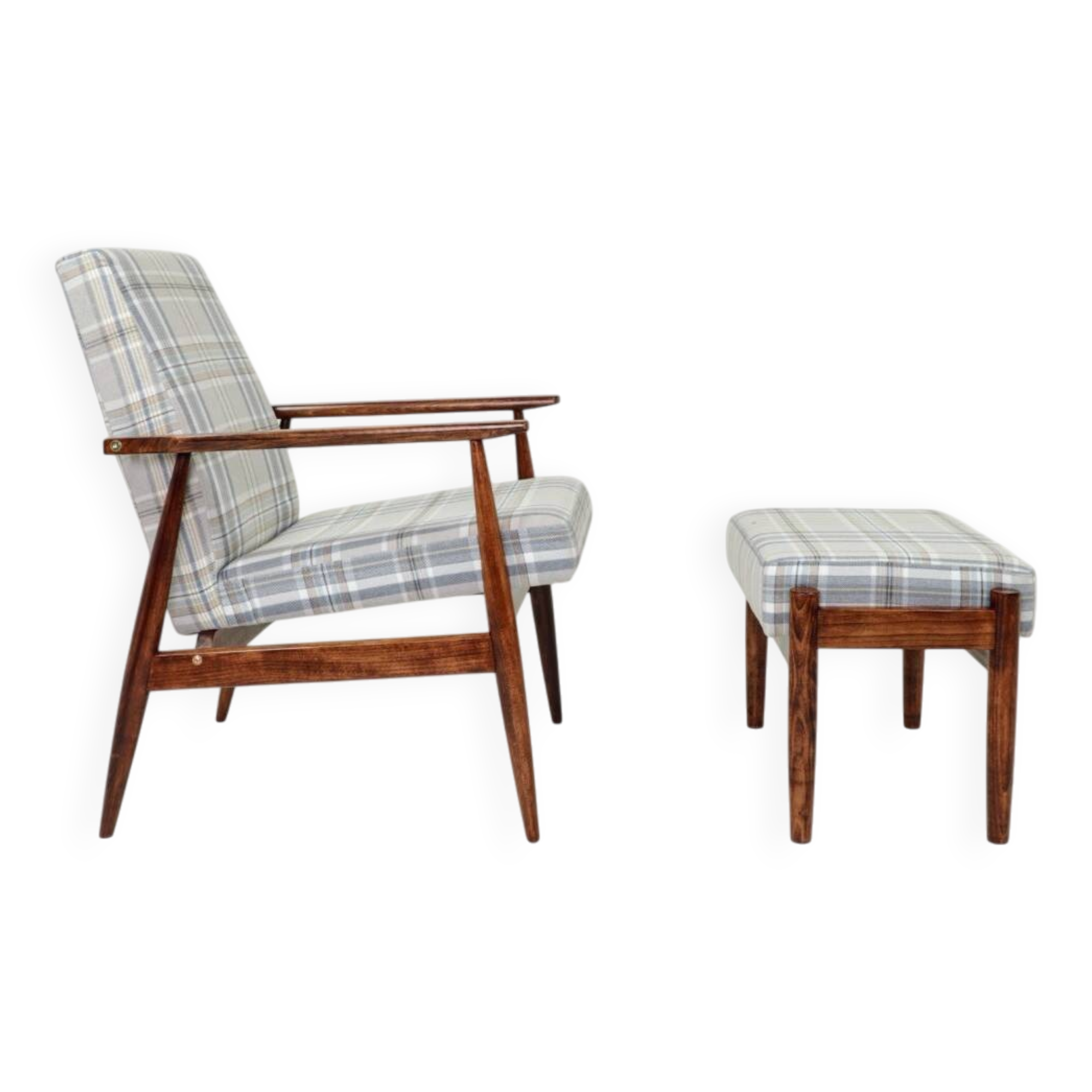 Vintage armchair and footstool in beige blue tartan, modern design