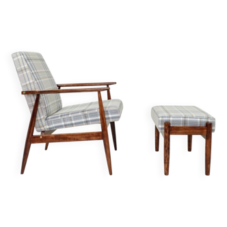 Vintage armchair and footstool in beige blue tartan, modern design