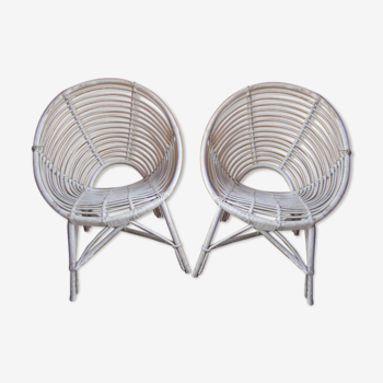 Paire de fauteuils en rotin blanc des années 60 modele bb