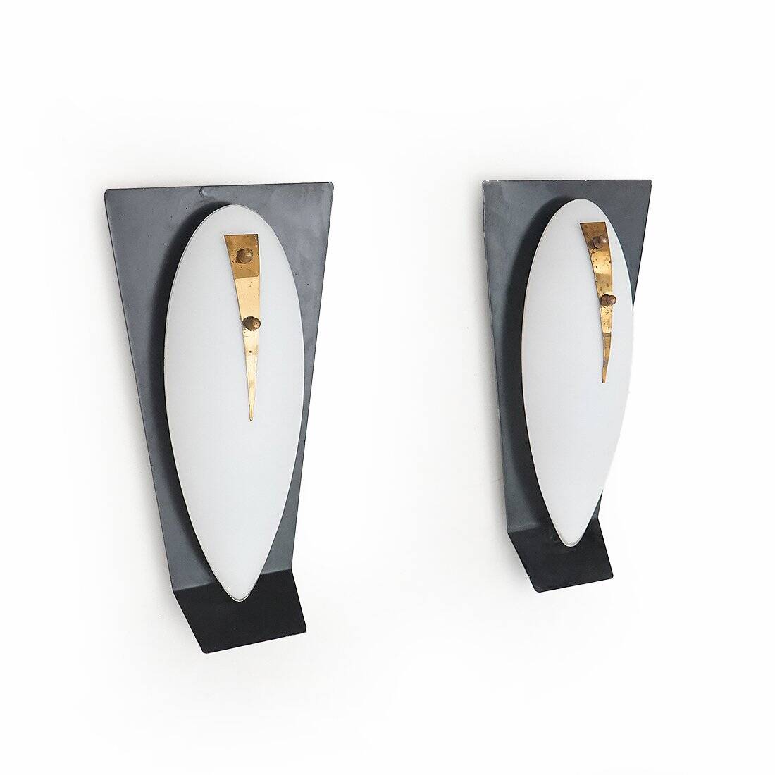 Vintage wall sconces in opaline glass and brass, 1950s, set of 2.
