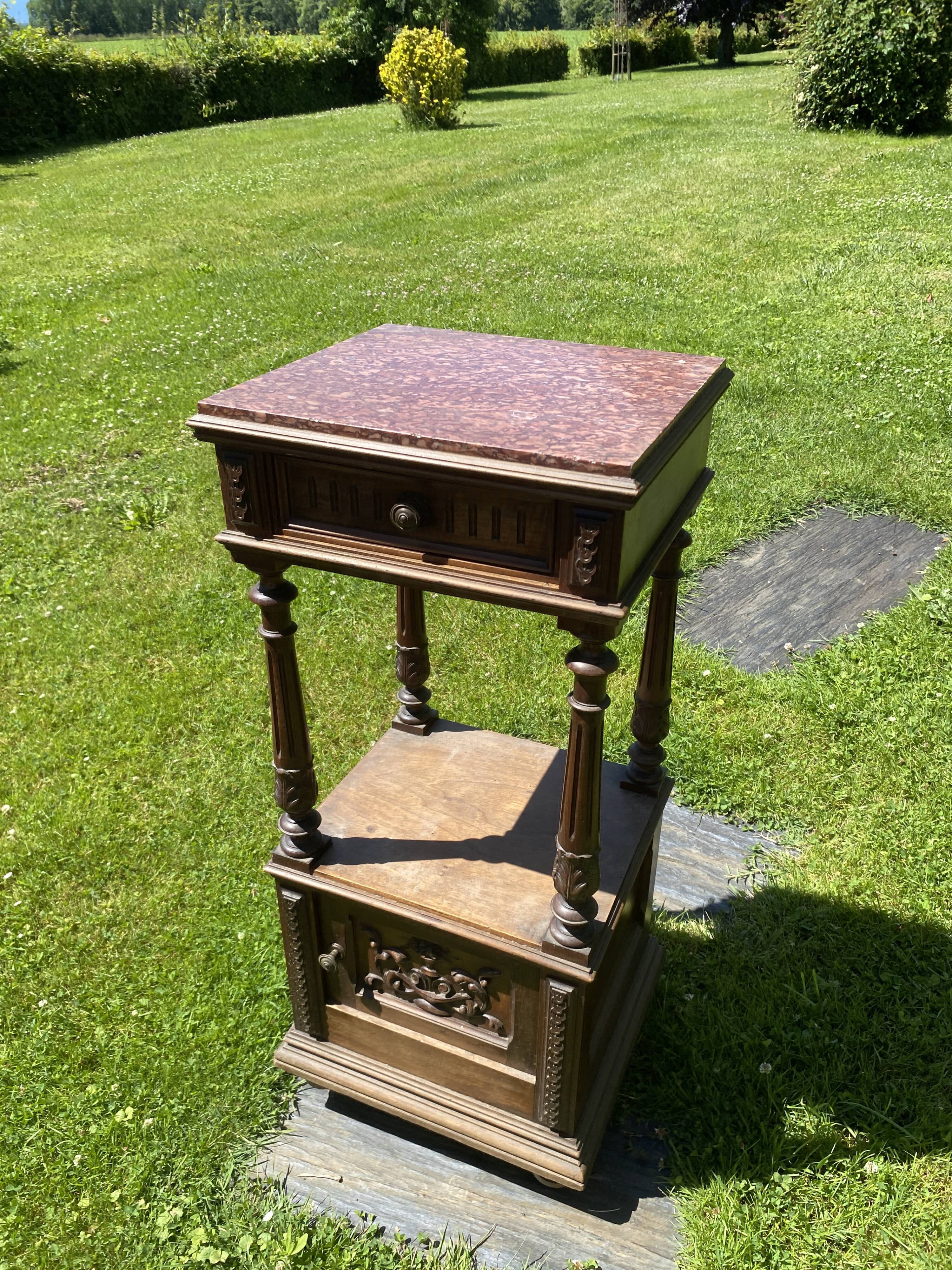 19th century wooden and pink marble bedside table, Henri II style