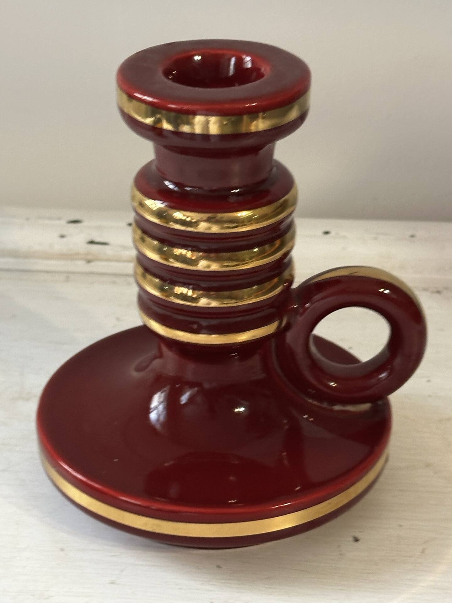 Bougeoir Saint-Clément Mid-Century en céramique rouge rubis e