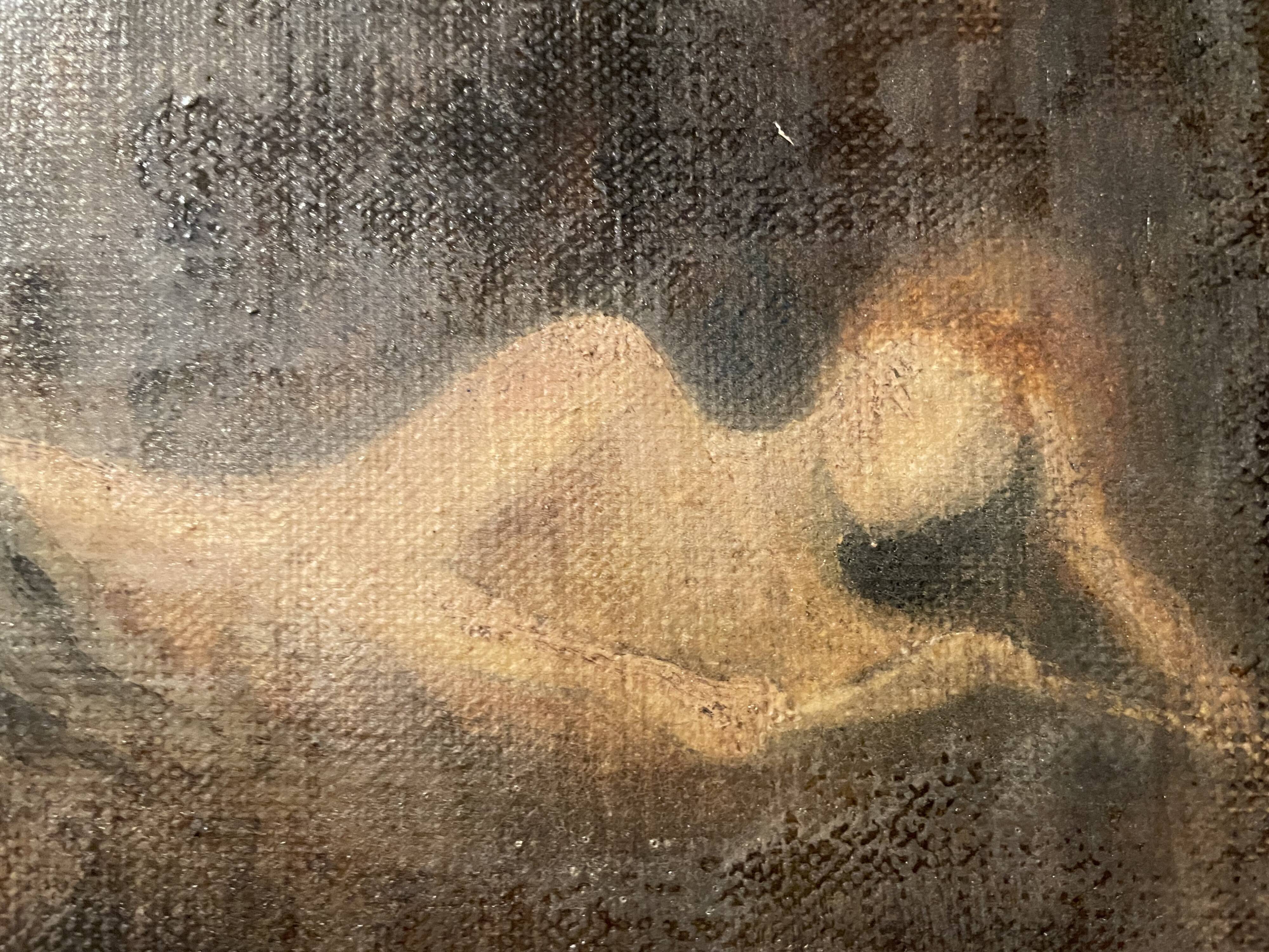 Oil on canvas signed female nude reading