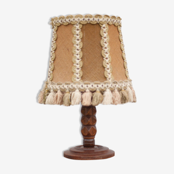 Bedside lamp, table lamp, vintage table lamp, carved wood lamp with canvas lampshade