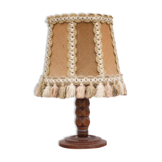 Bedside lamp, table lamp, vintage table lamp, carved wood lamp with canvas lampshade