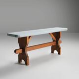 Rustic Art Deco Wooden Bench with Blue Top, France, 1930s