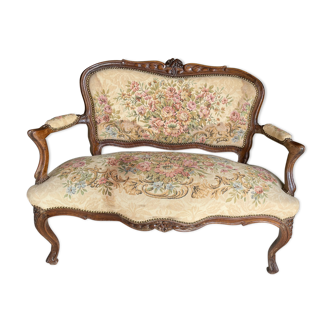 Banquette deux places Louis XV habillage en tapisserie