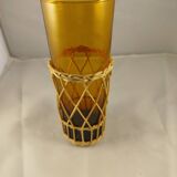Carafe and 5 glasses set, amber glass and woven wicker, bohemian chic