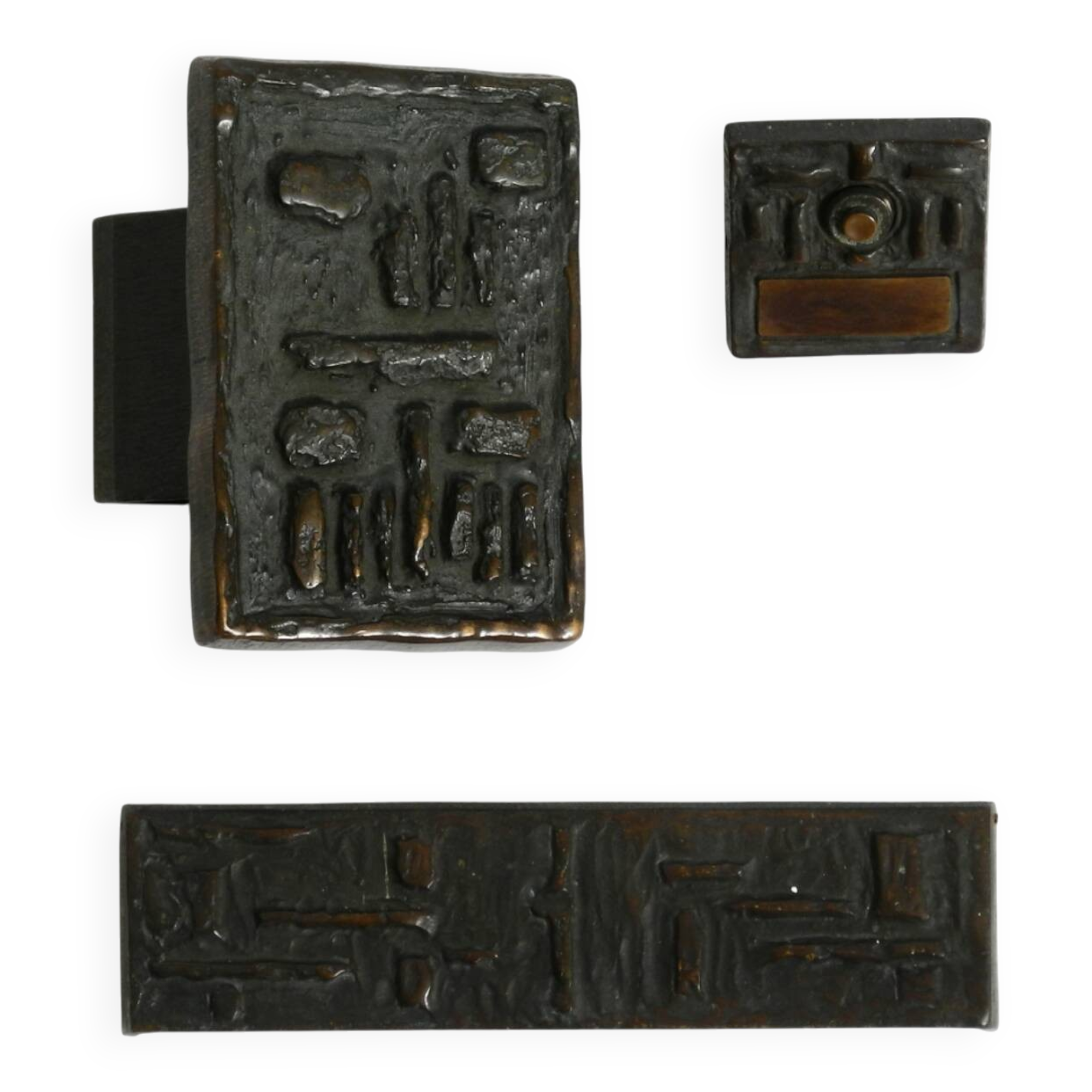 A set of solid 1970s Brutalist pull handles with letter slot and doorbell