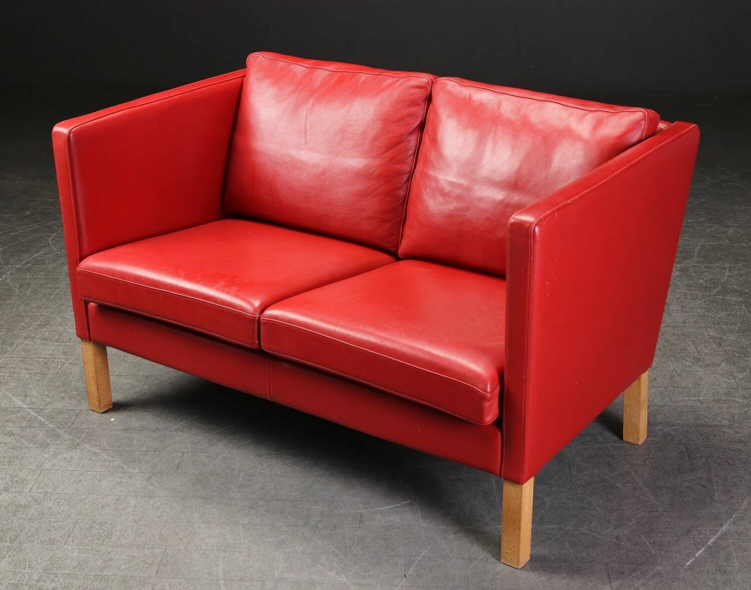 2 seater red leather sofa, Vintage Scandinavian 1960s