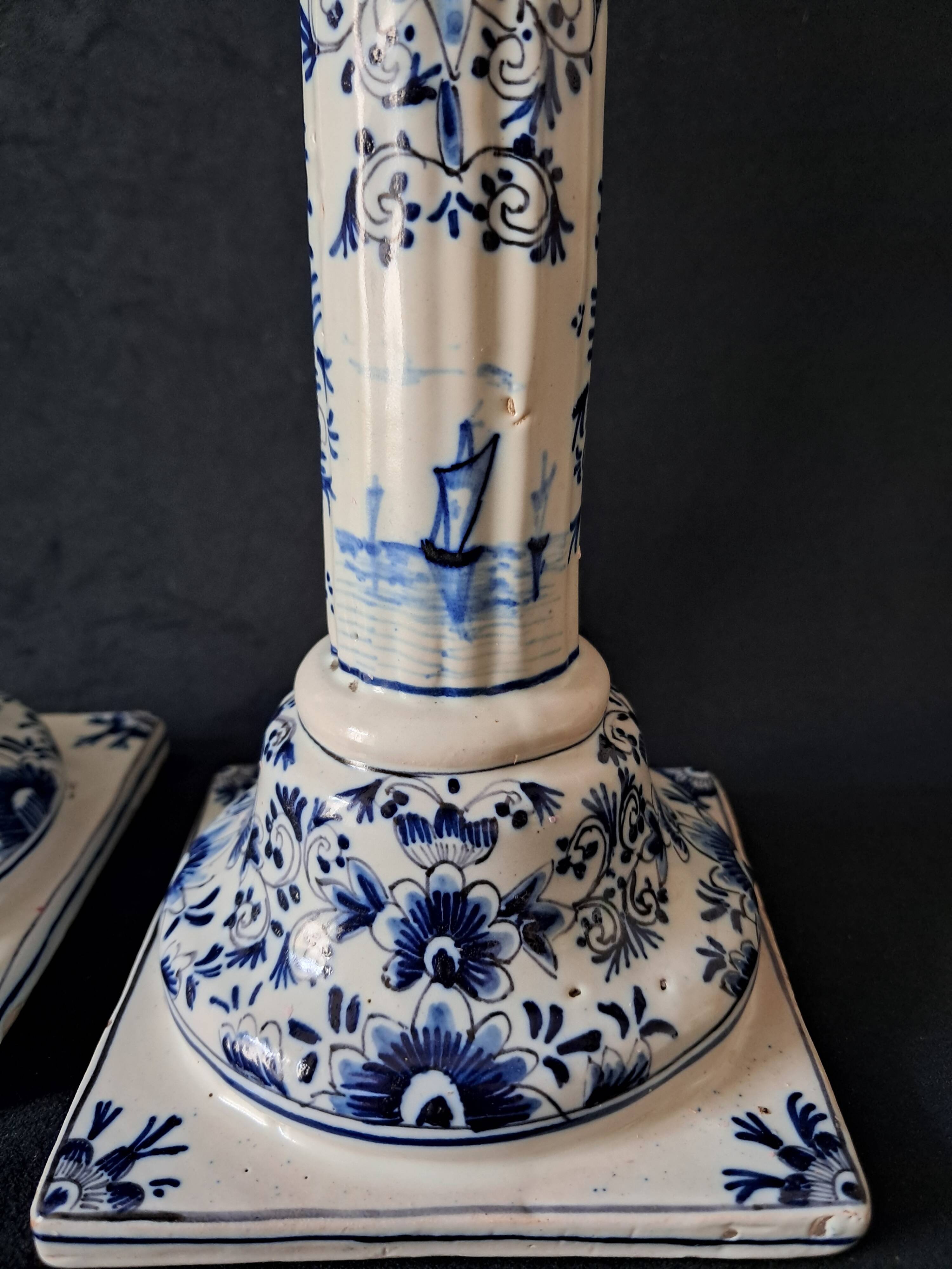 Antique Pair of Column Candlesticks in Blue and White Delftware