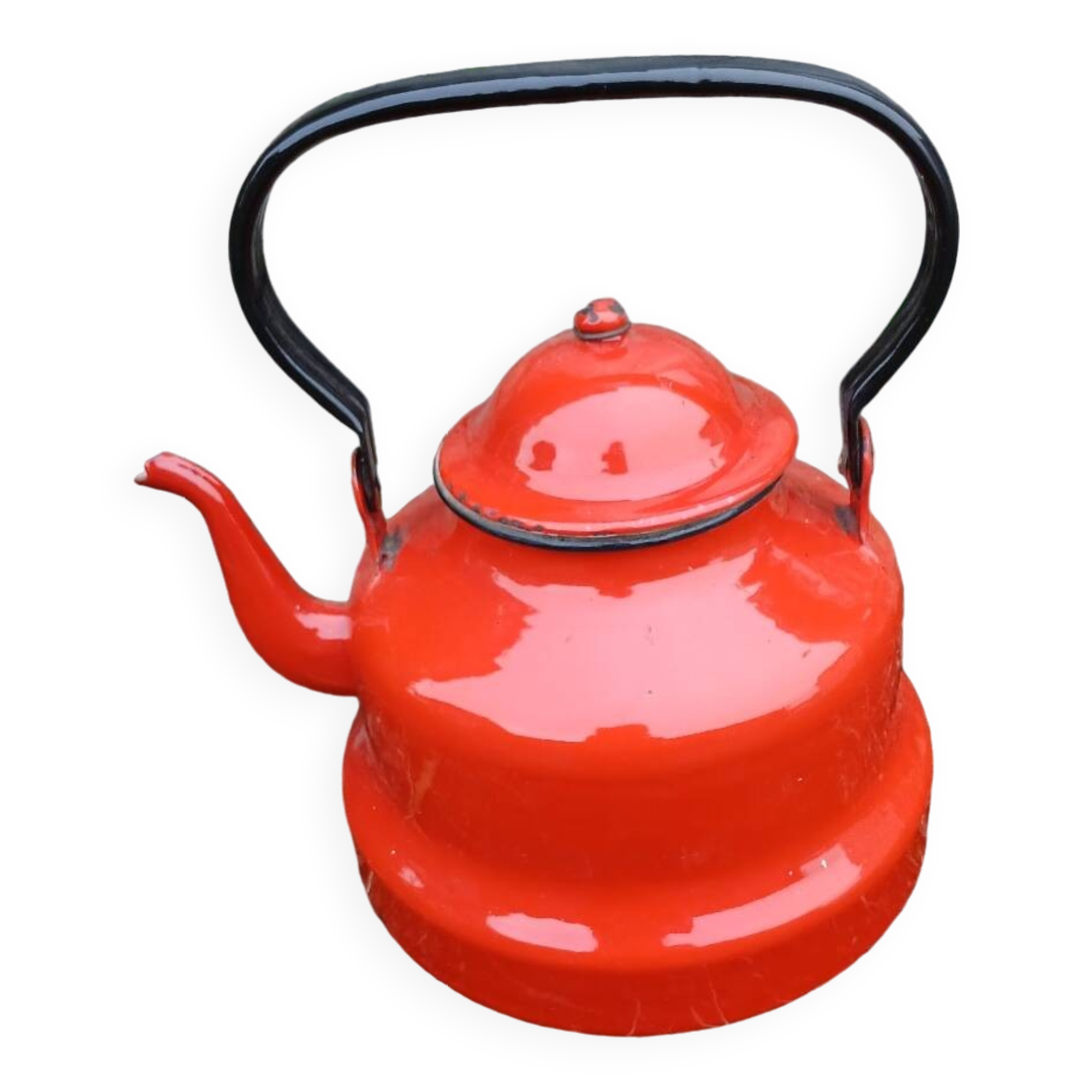 Antique teapot in red enamelled sheet metal
