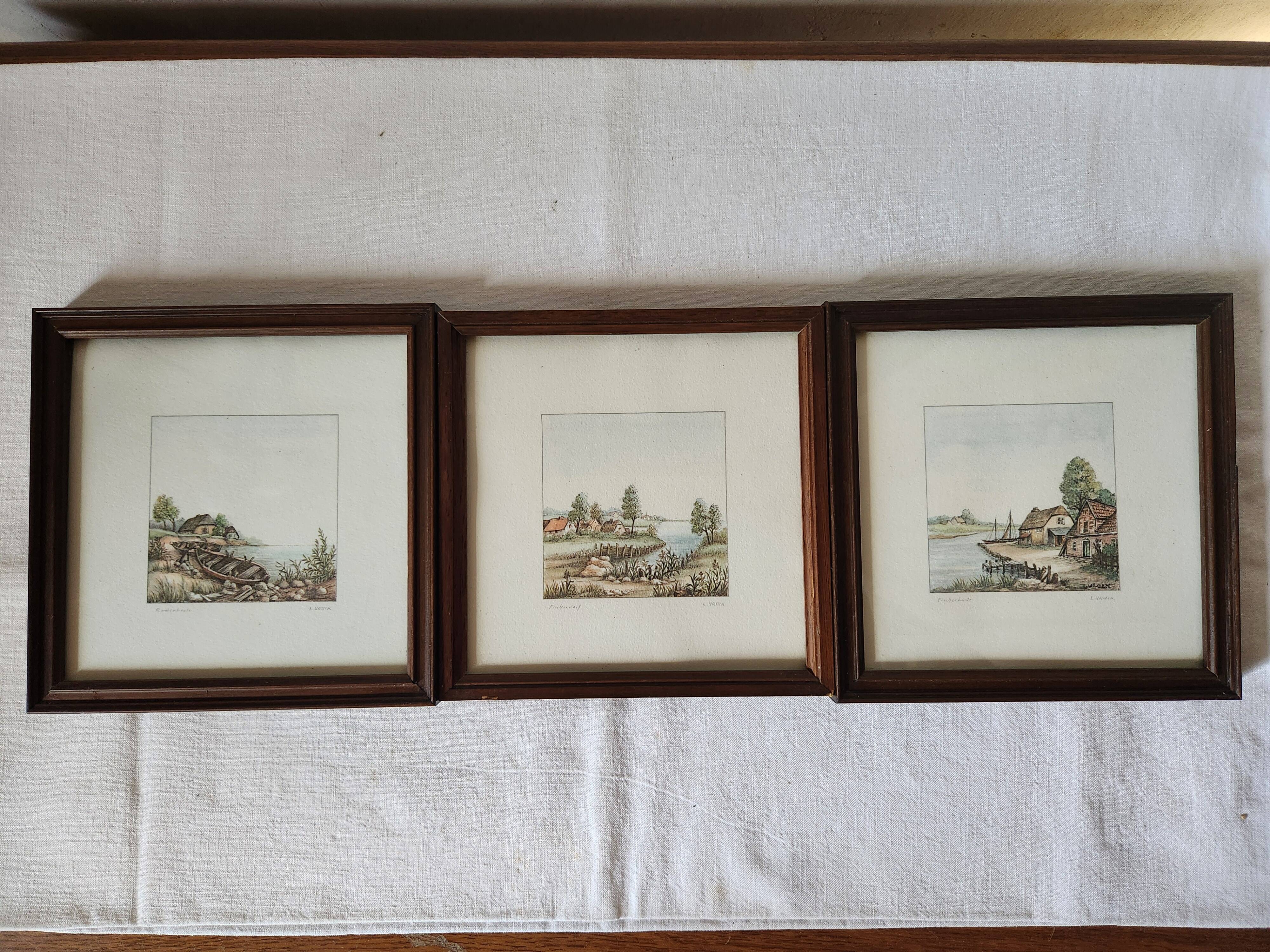 Vintage 3x Ludwig Urack Small German River Scene & Boats Art Prints
