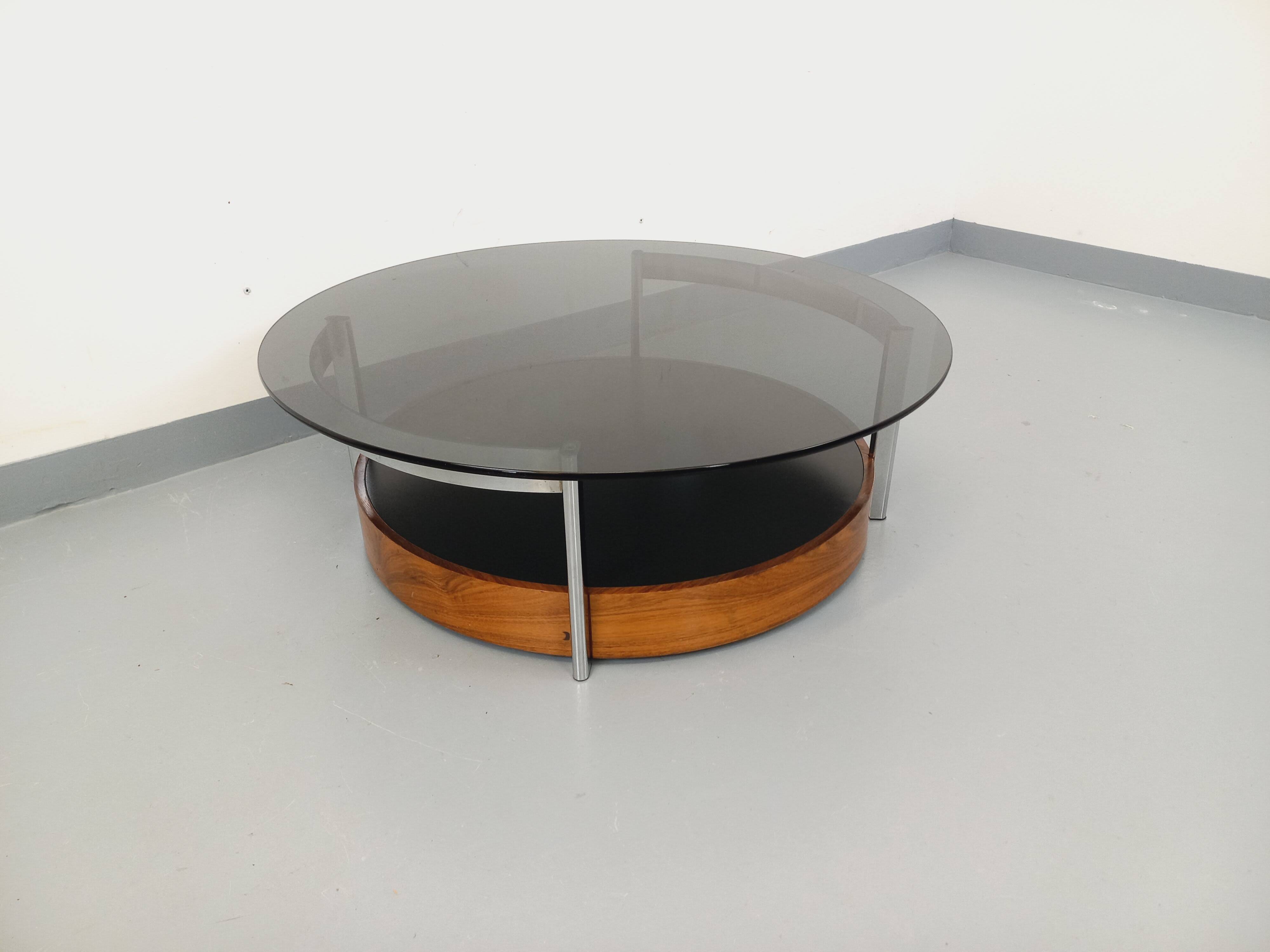 Vintage Italian round coffee table in rosewood, chrome metal, glass.