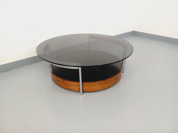 Table basse ronde italienne vintage en palissandre, métal chromé, verre