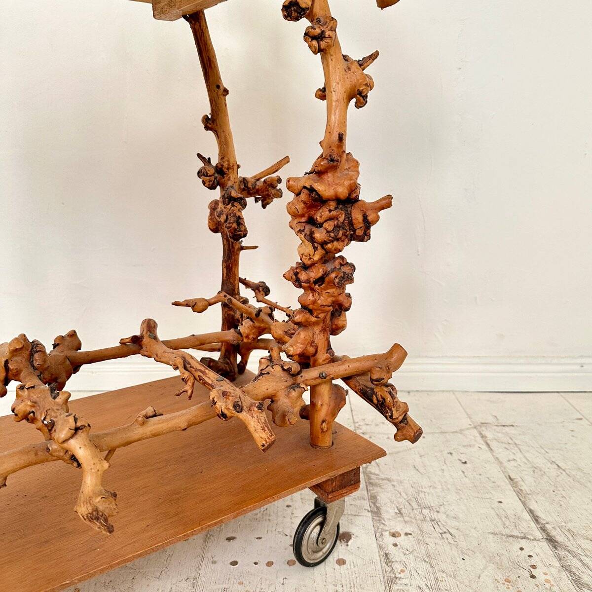 Mid-Century Bar Cart in Brown Burl, Plywood and Root Wood, 1960s