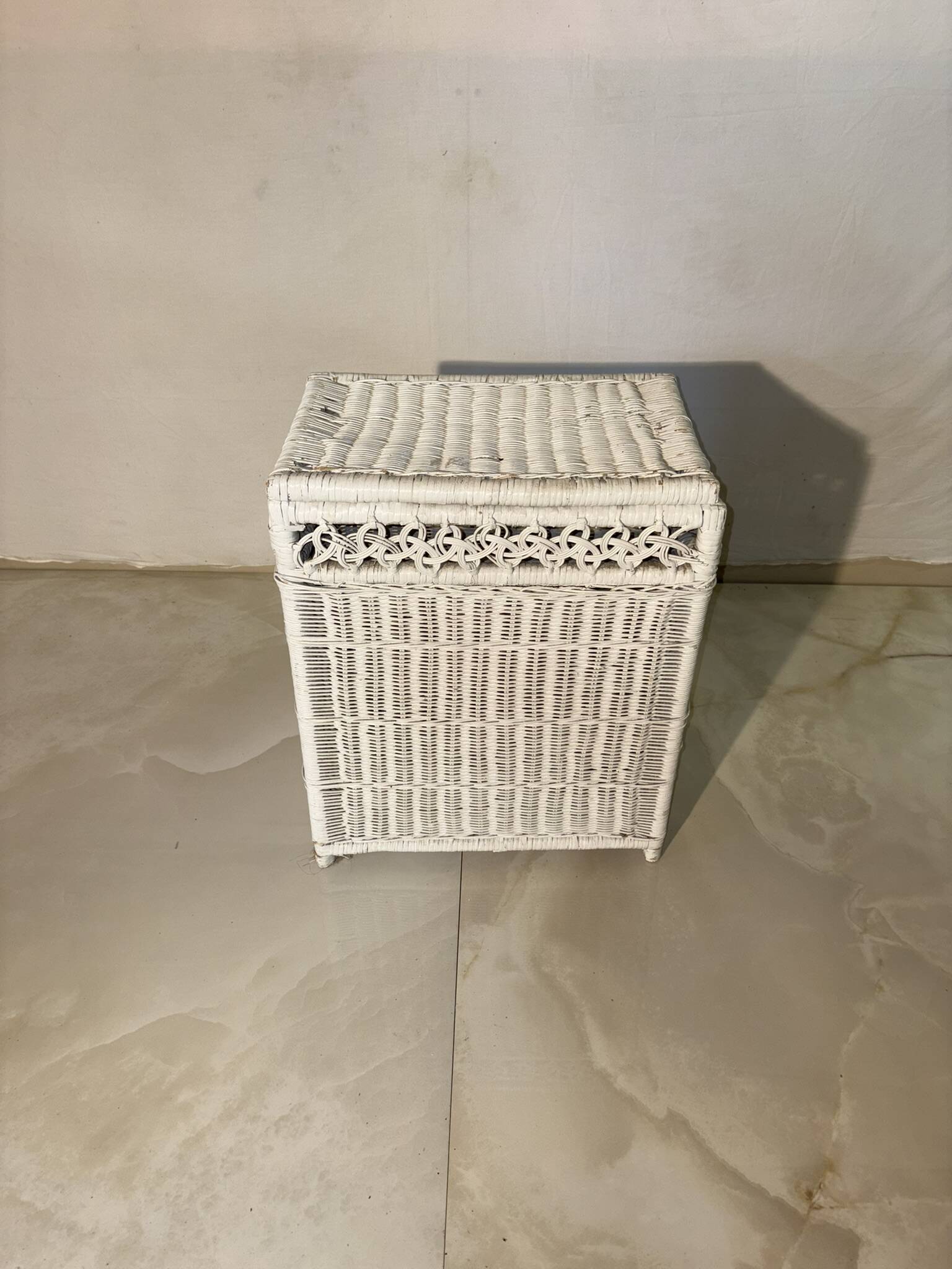 Vintage white rattan laundry basket with lid