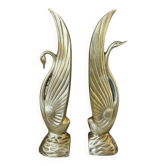 Paire de serre-livres en laiton, cygnes sculpturaux style Art nouveau