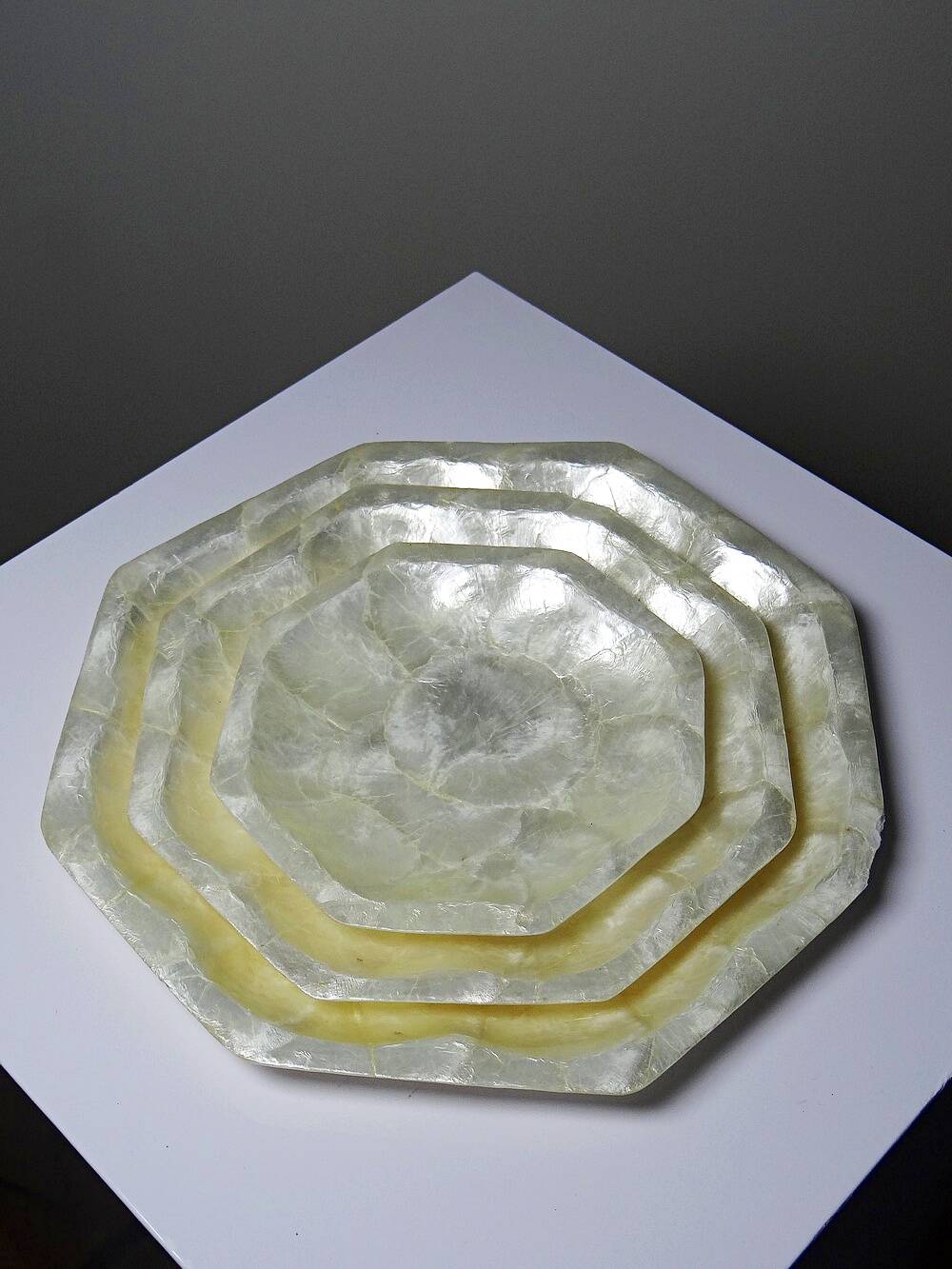 Octagonal capiz shell bowls/trays, vintage Asia from the 1970s-1980s.