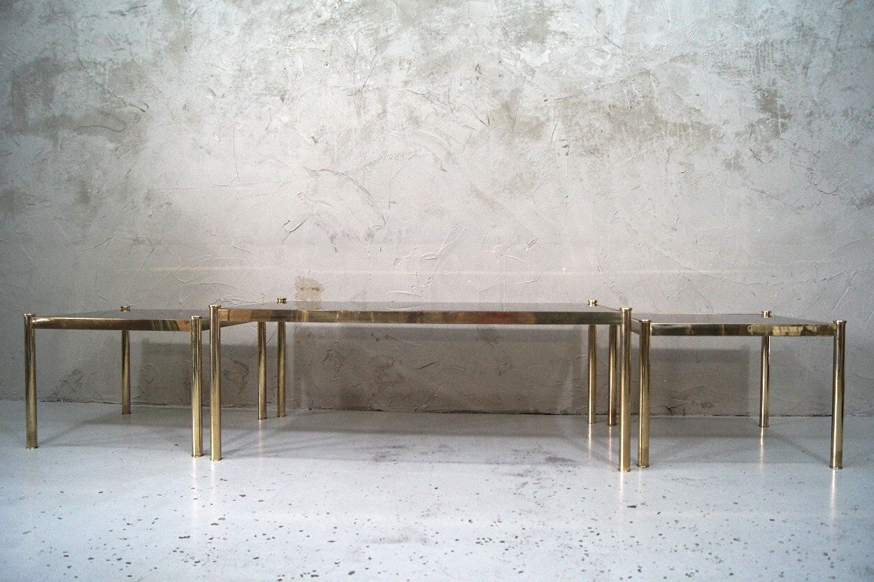 Set of 3 Italian minimalist brass coffee tables, 1970s