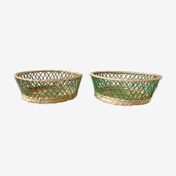 Duo of round rattan pans in green rattan sage 70s