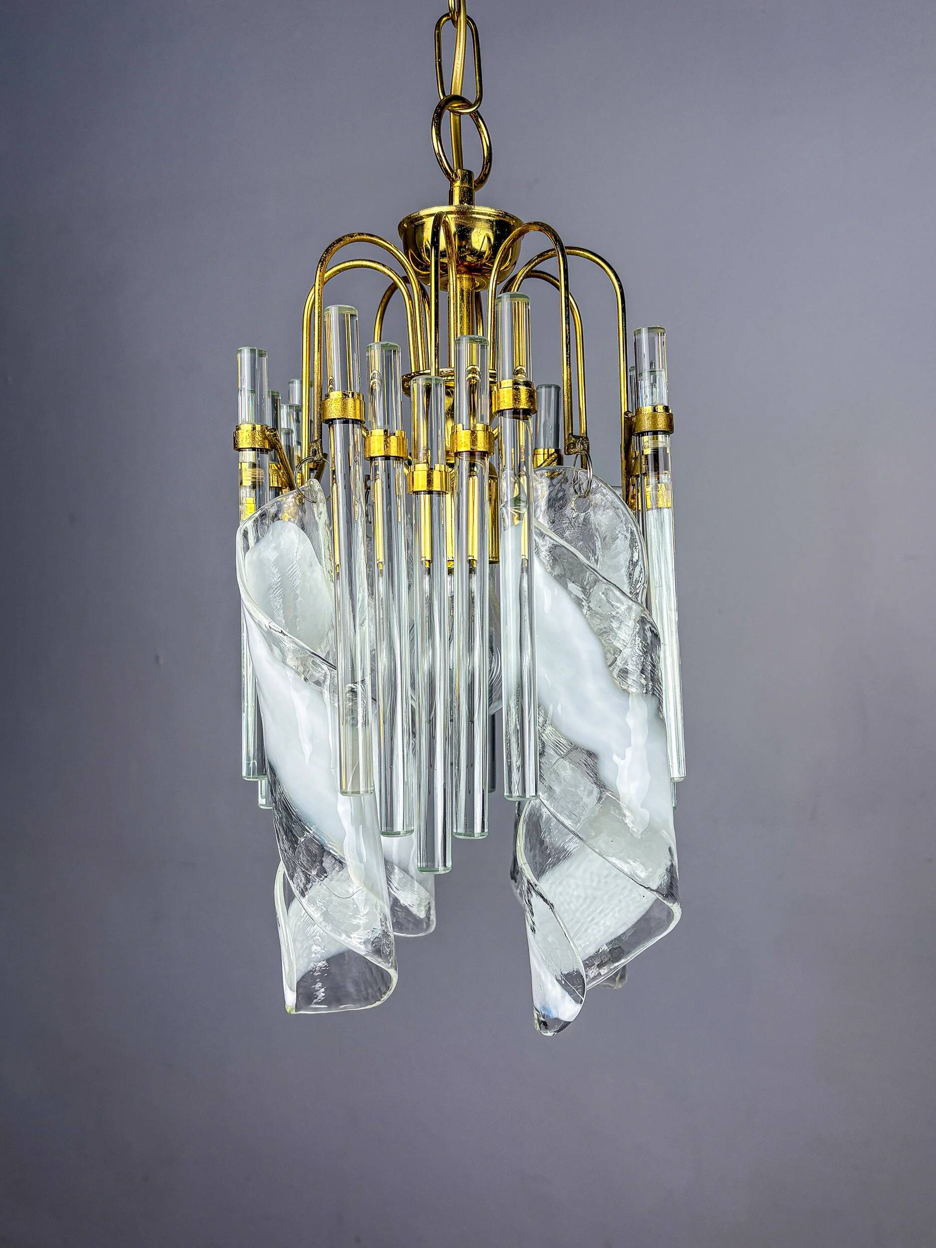 Murano glass cascade chandelier – twisted prisms & tubes, brass frame, Italy 1970s