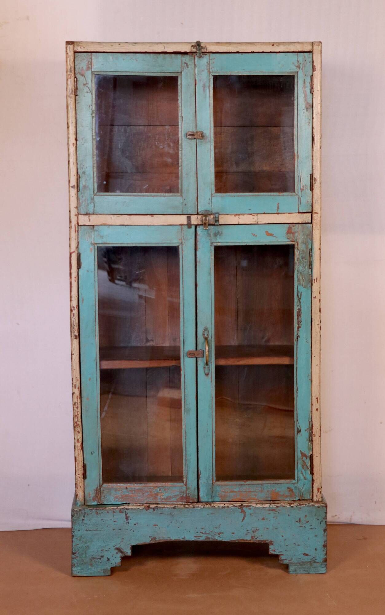 Old art deco showcase in original turquoise-white patina burmese teak
