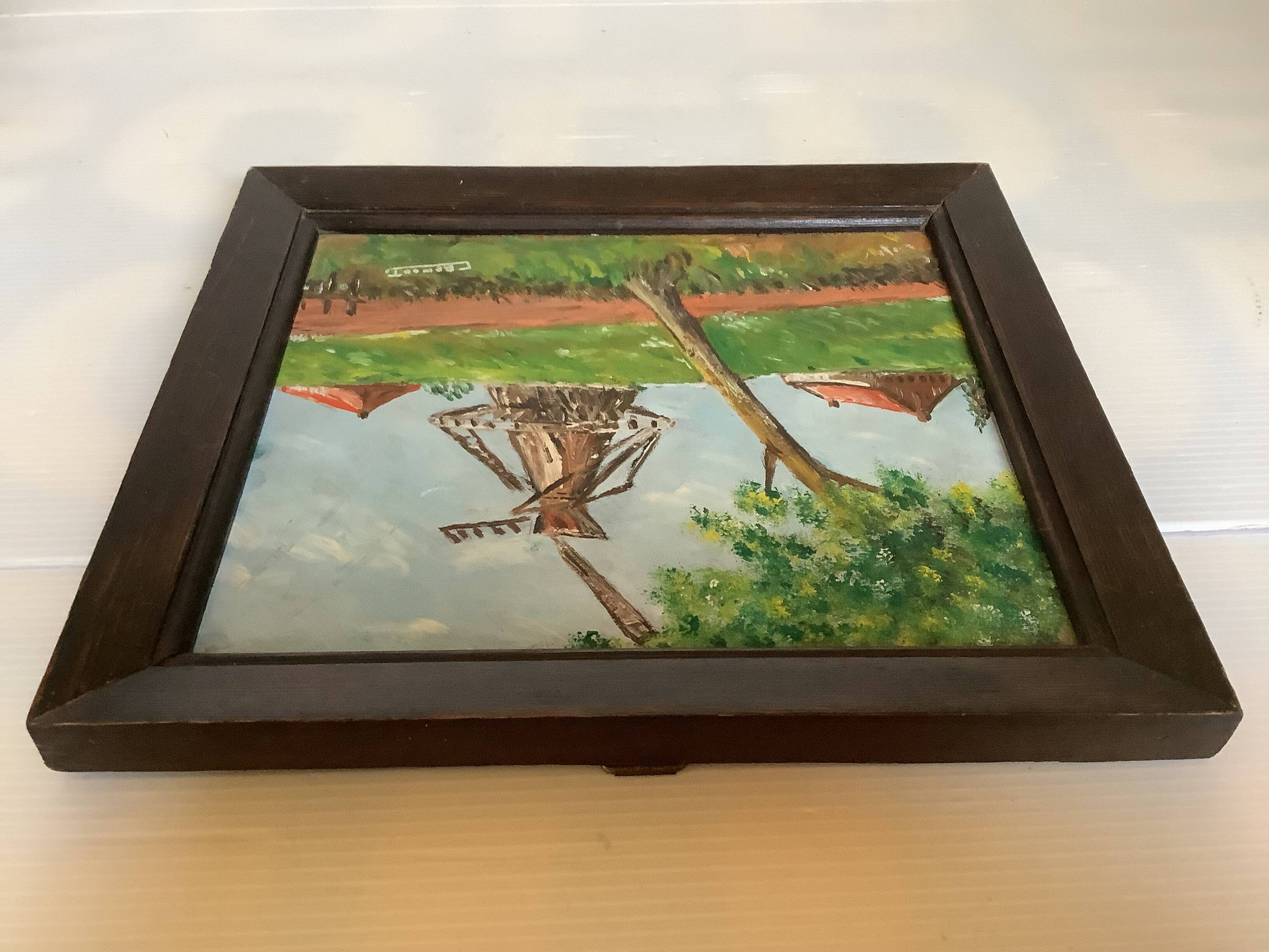 Small landscape painting of a mill, oil on panel, signed.