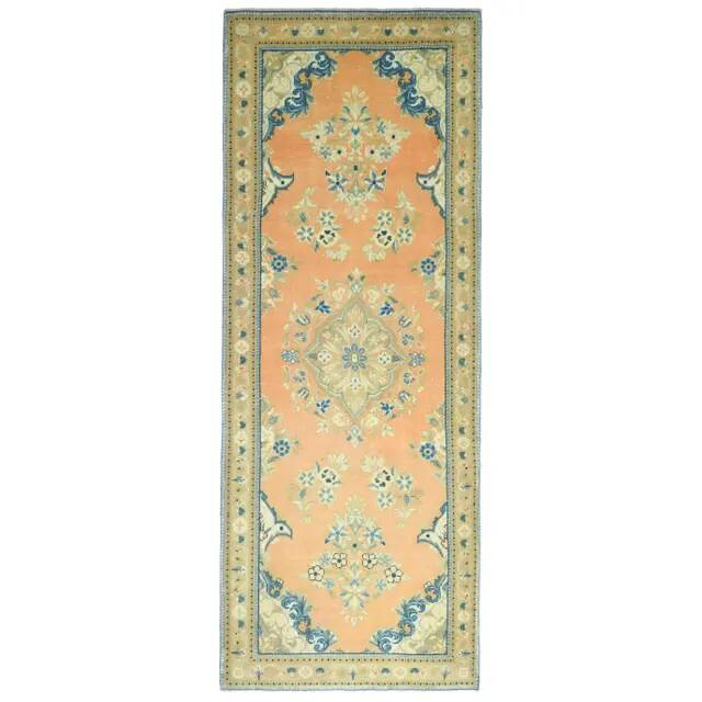 1970s Vintage Turkish Oushak Handmade Wool Cotton Orange Runner Rug 117x312