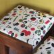 Set of 3 beech wood stools with fabric upholstery in the style of Miro.