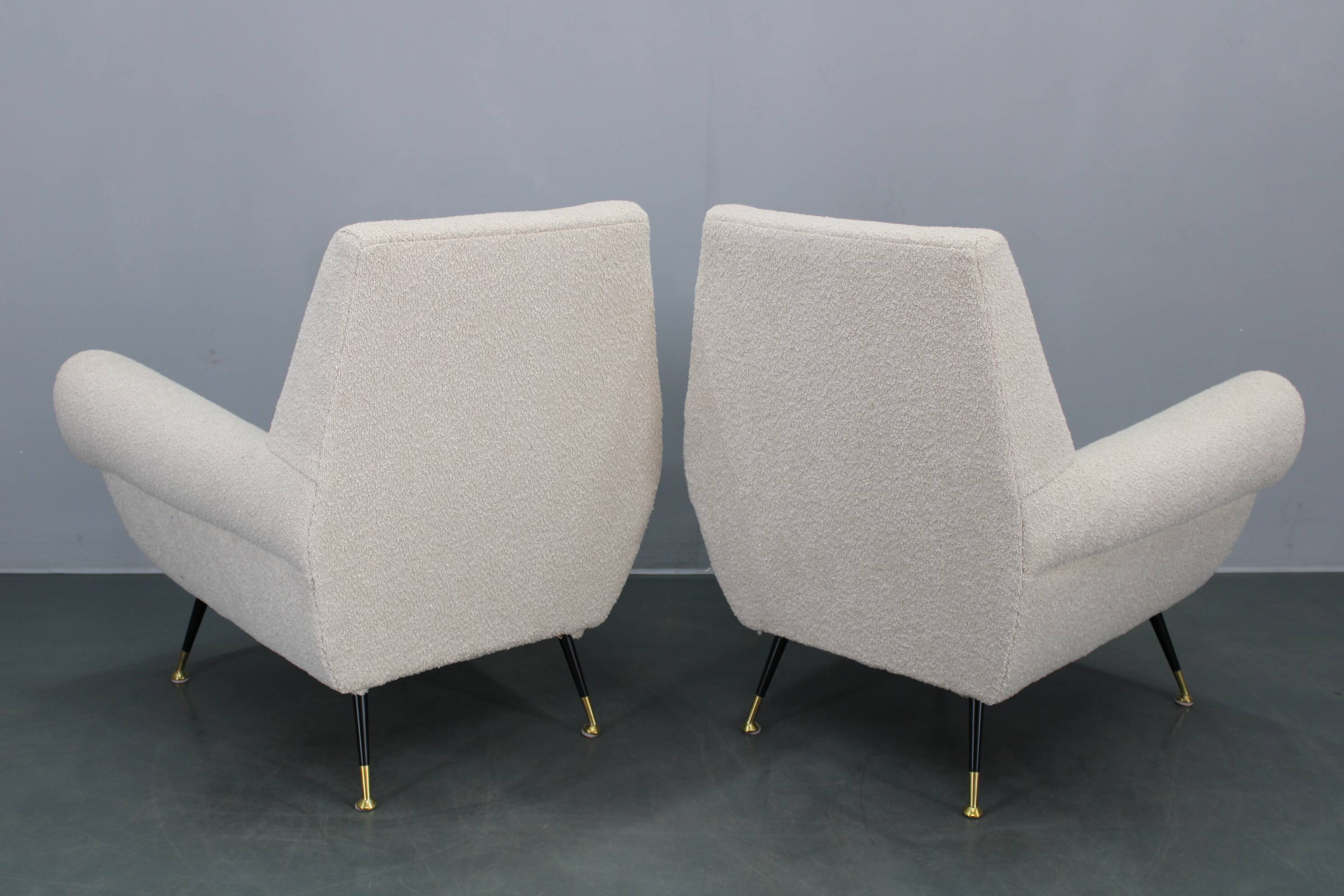 Pair of Italian mid-century boucle armchairs, iron & brass legs, 1950s