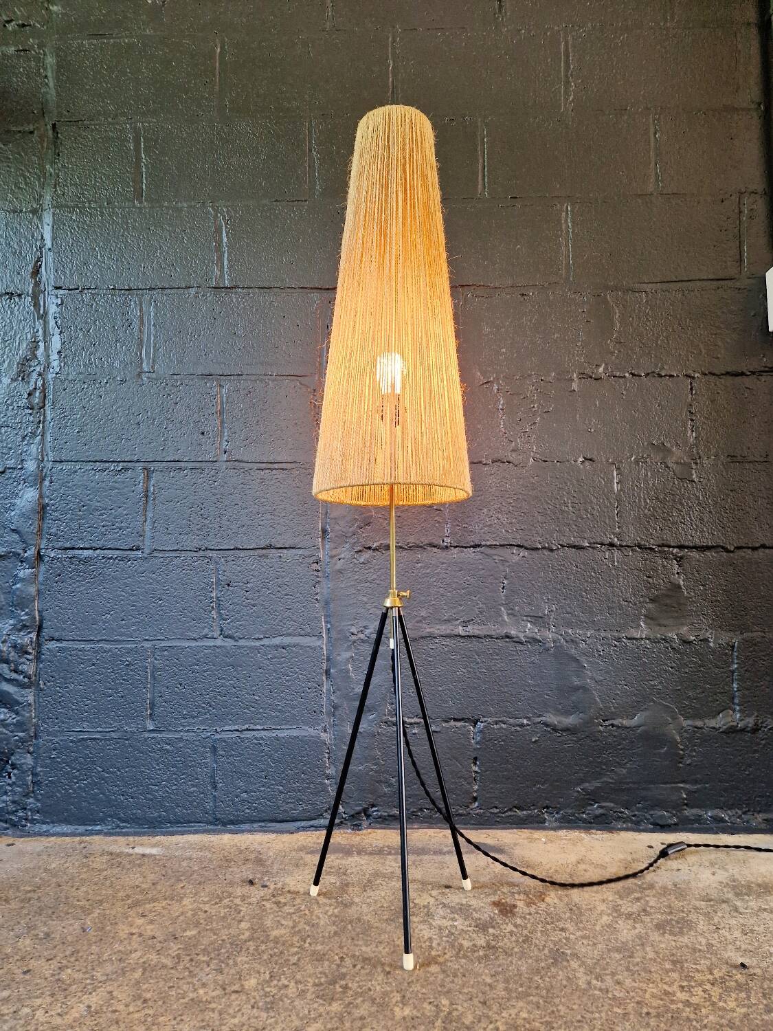 Mid-century tripod floor lamp, cord shade, 1950s-60s.