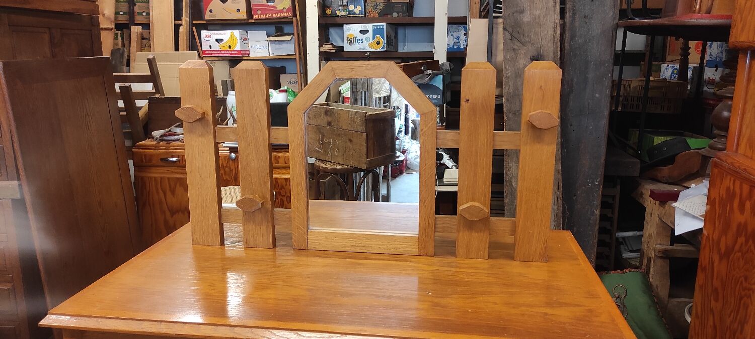 Vintage wooden coat rack with modernist design mirror 4 hooks