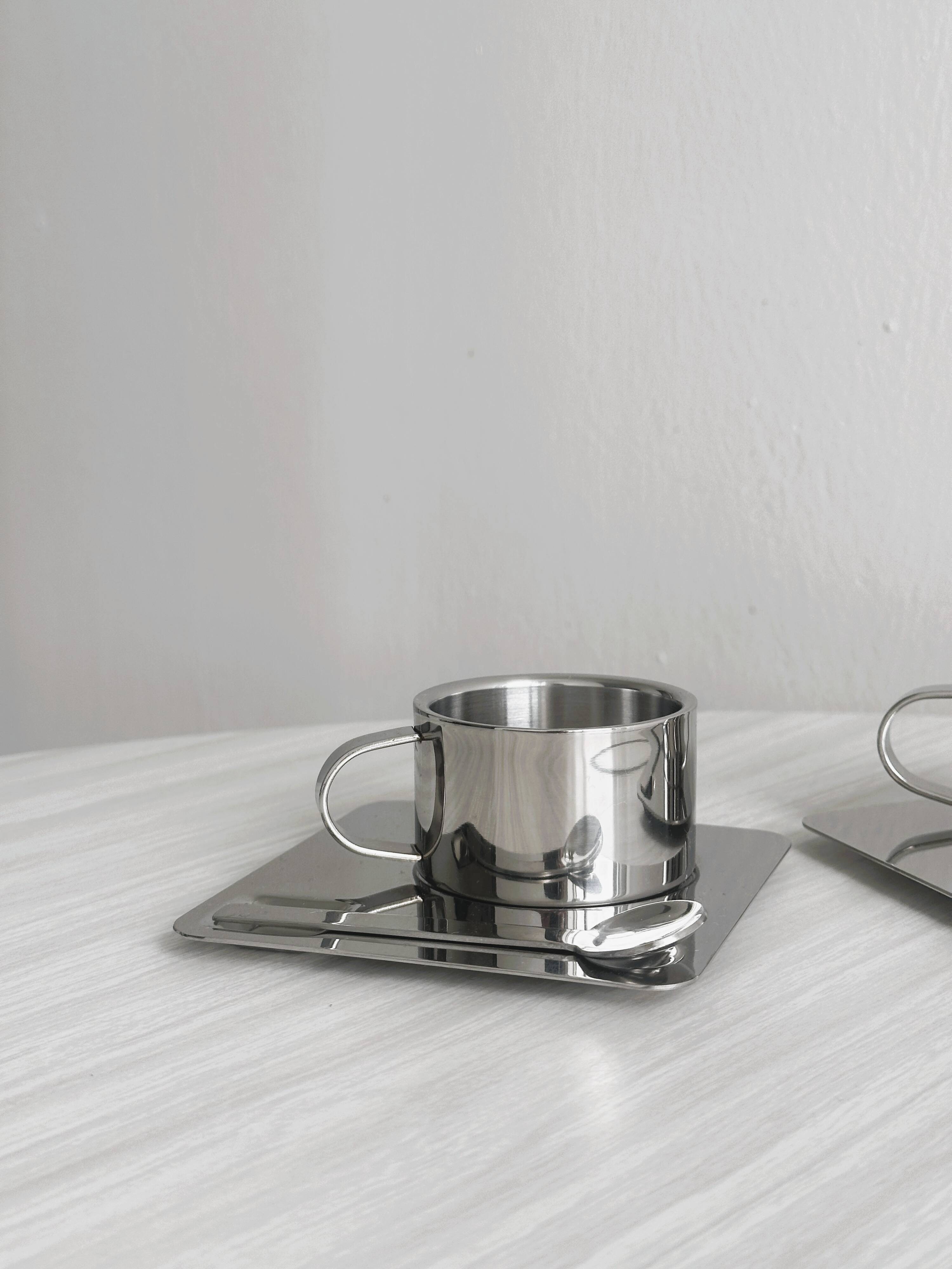 2 stainless steel espresso cups with tray and spoon