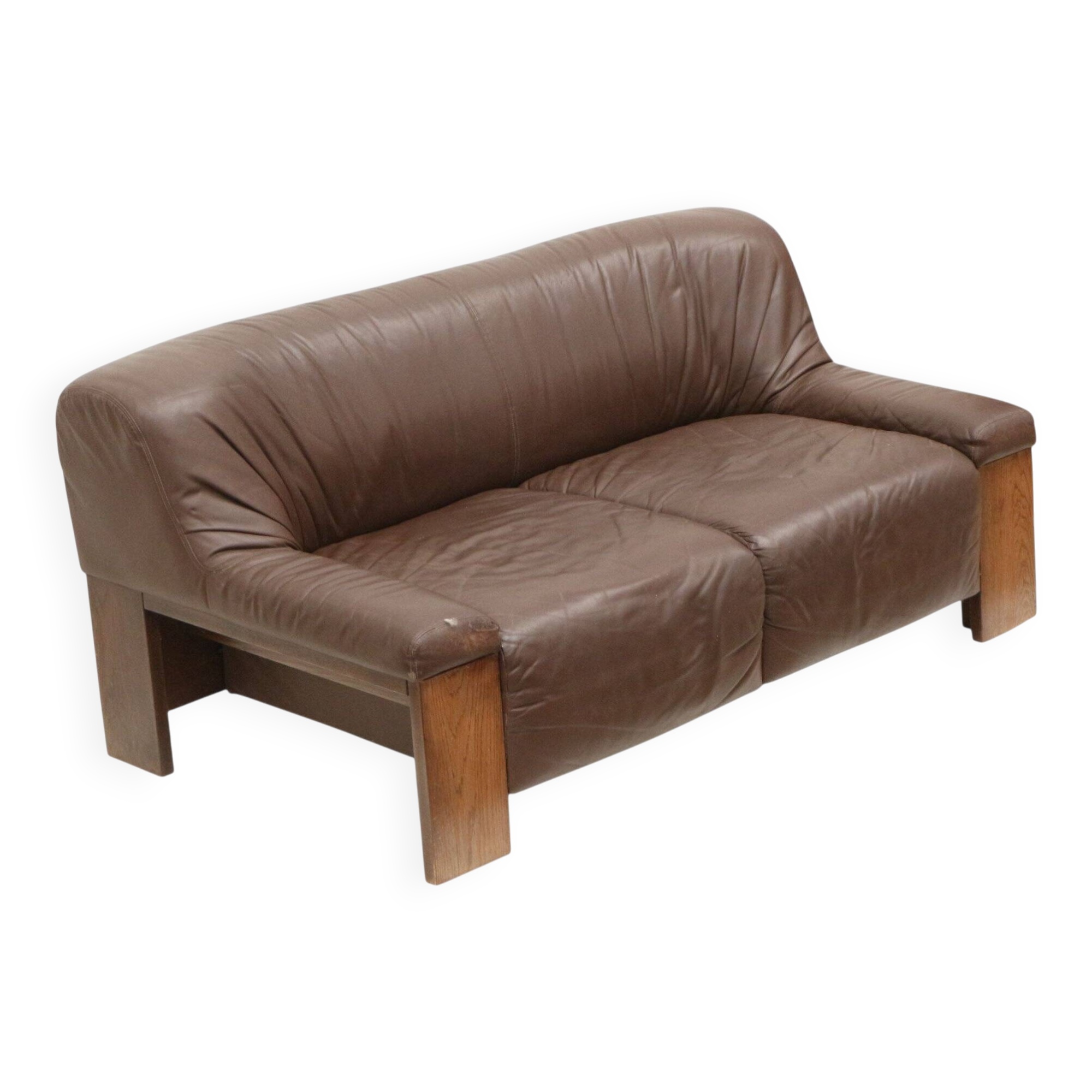 Brutalist 2-seater leather sofa – brown leather with wenge wood frame