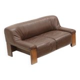 Brutalist 2-seater leather sofa – brown leather with wenge wood frame