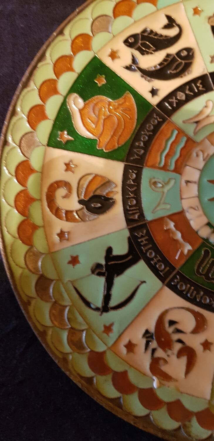 Cloisonné bronze plate from the 1930s. Zodiac signs.