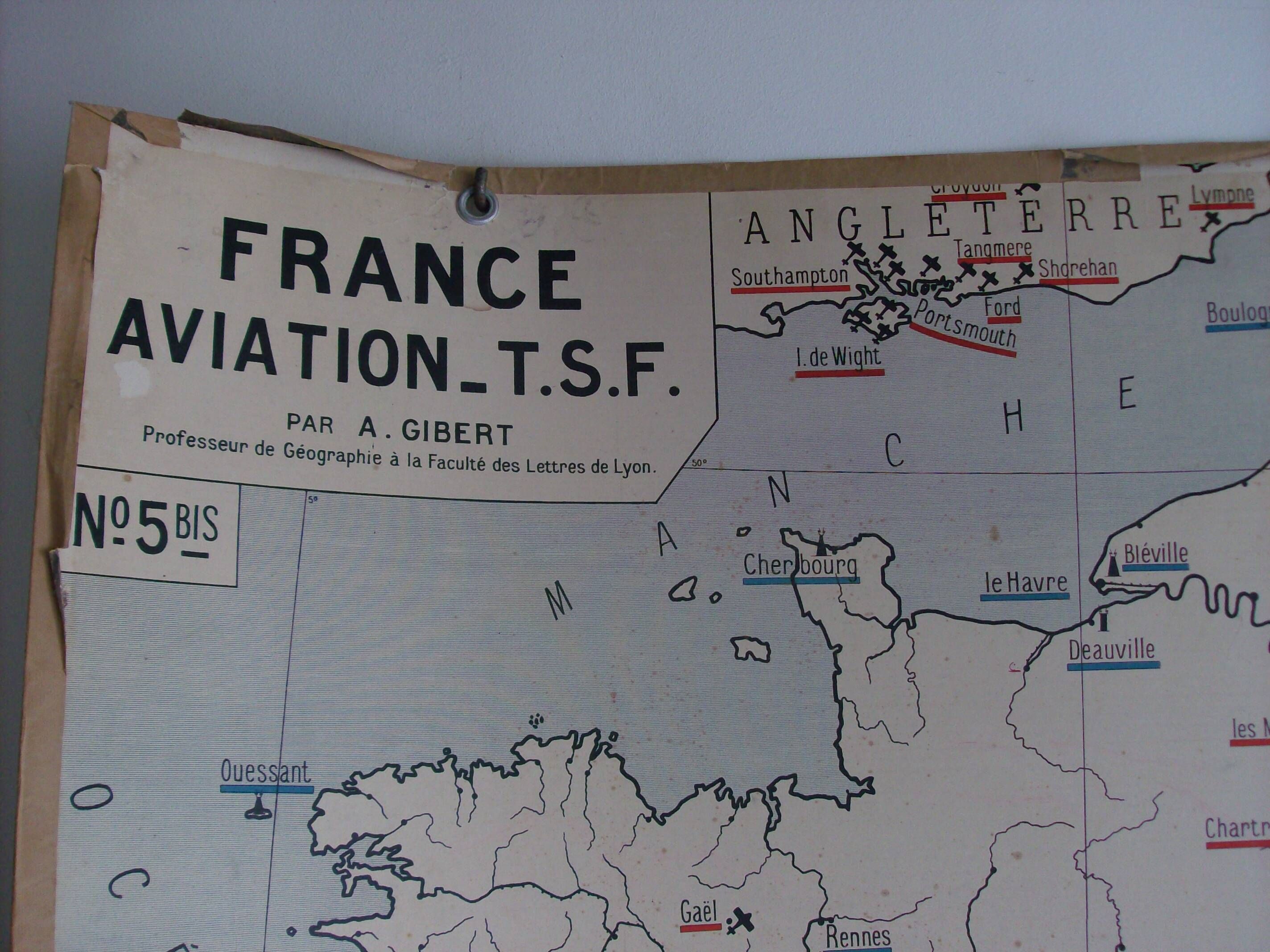 Old school map of geography France aviation waterways TSF by Gibert
