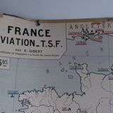 Ancienne carte scolaire de géographie France voies navigables aviation TSF par Gibert